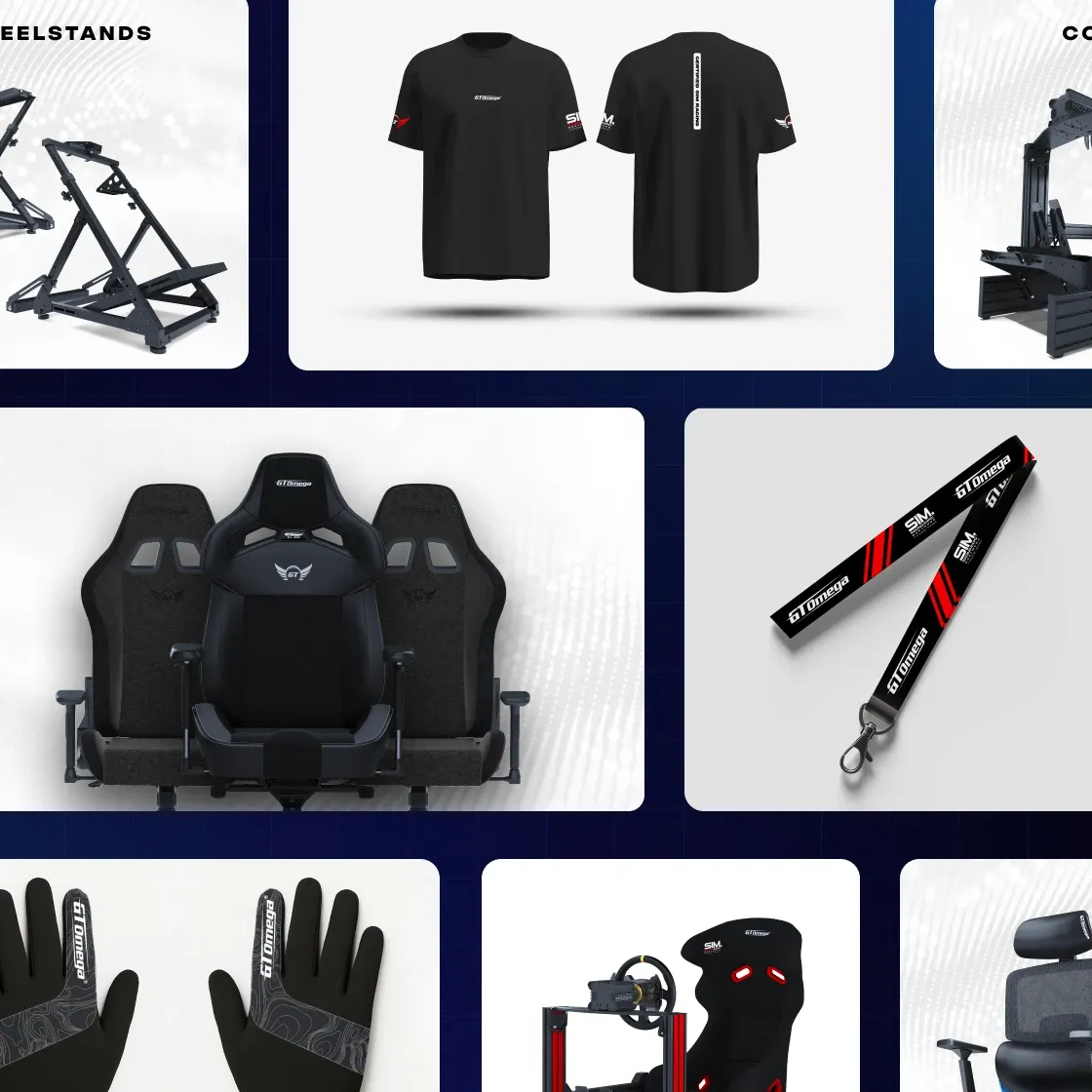 GT Omega brand collateral: apparel, gaming chairs and lanyard